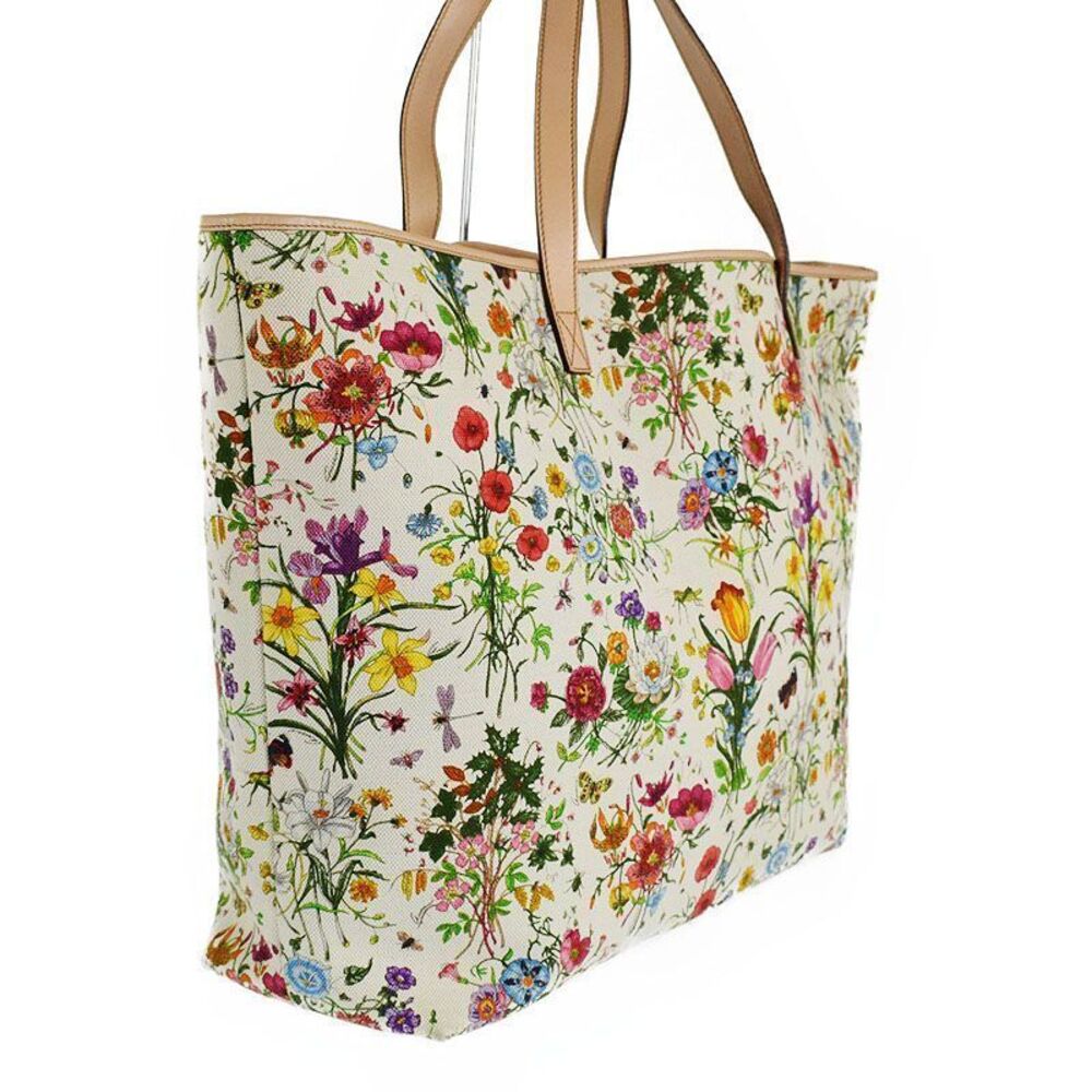 Gucci Canvas Tote Bag Leather White Flower Flora Pink White Pink